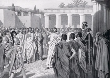 紀元前432年のスパルタでのペロポネソス連邦議会、「ハッチンソンの国家の歴史」、1915年のイラスト